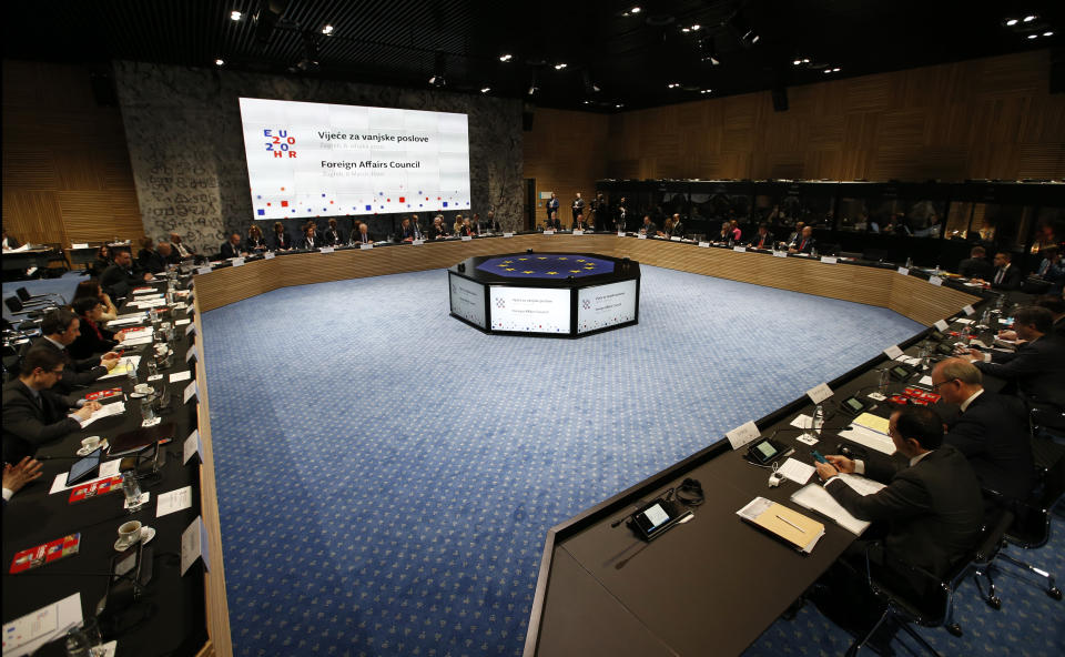 EU foreign ministers attend a EU foreign affairs council in Zagreb, Croatia, Friday, March 6, 2020. EU foreign affairs ministers were meeting in the Croatian capital Zagreb on Friday to discuss the escalating migrant crisis on the Turkey-Greece border. (AP Photo/Darko Vojinovic)