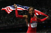 LONDON, ENGLAND - AUGUST 05: Sanya Richard Ross celebrates her Gold in the Women's 400m Final during the 2012 London Olympics at the Olympic Stadium on August 05, 2012 in London, England. (Photo by Ian MacNicol/Getty Images)