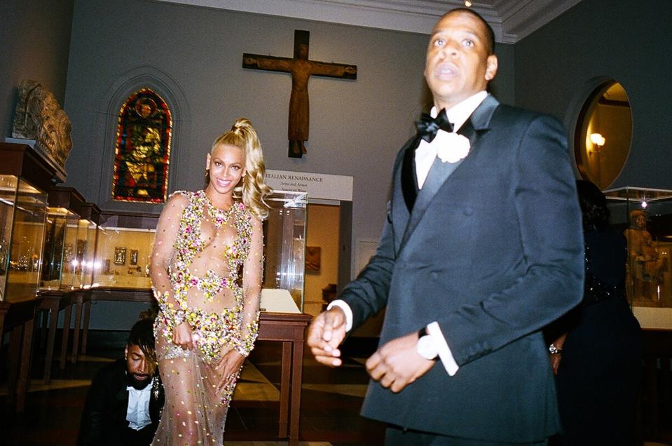 Beyoncé (in nearly sheer Givenchy) and Jay-Z at the 2015 Met gala.