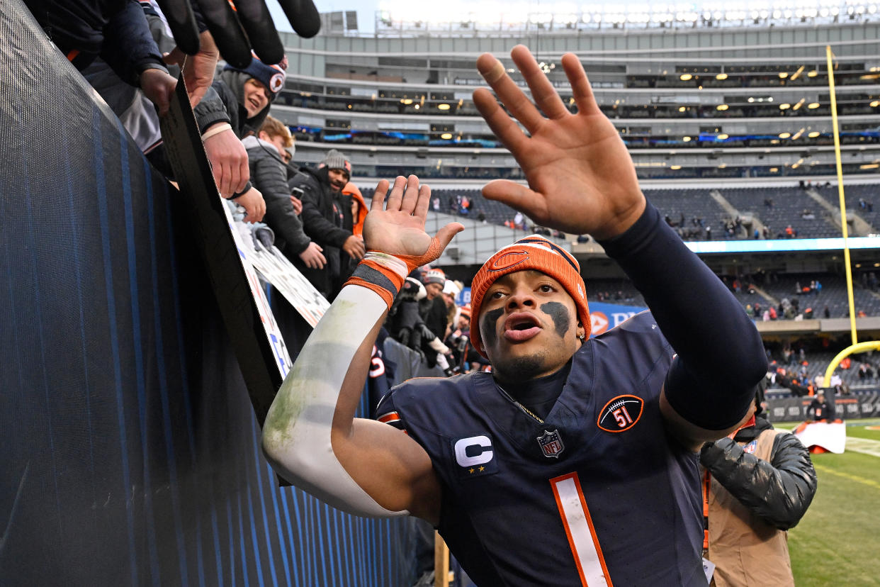The Bears still hold the No. 1 pick in the 2024 NFL Draft, but Justin Fields is making their decision a tough one. (Photo by Quinn Harris/Getty Images)