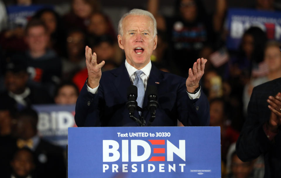 Democratic U.S. presidential candidate and former Vice President Joe Biden speaks at his South Carolina primary night rally in Columbia, South Carolina, U.S., February 29, 2020. REUTERS/Jim Urquhart