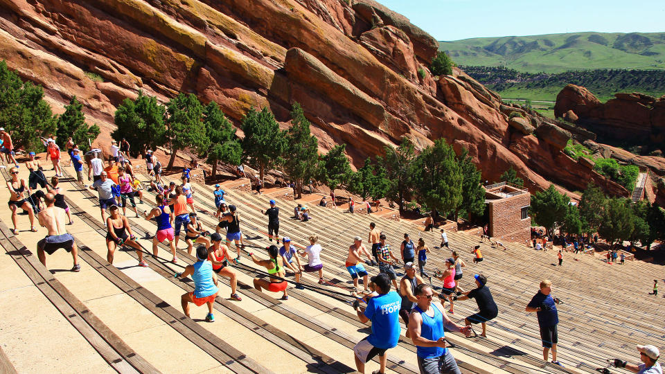 people exercising in Red Rocks Parks in Denver Colorado