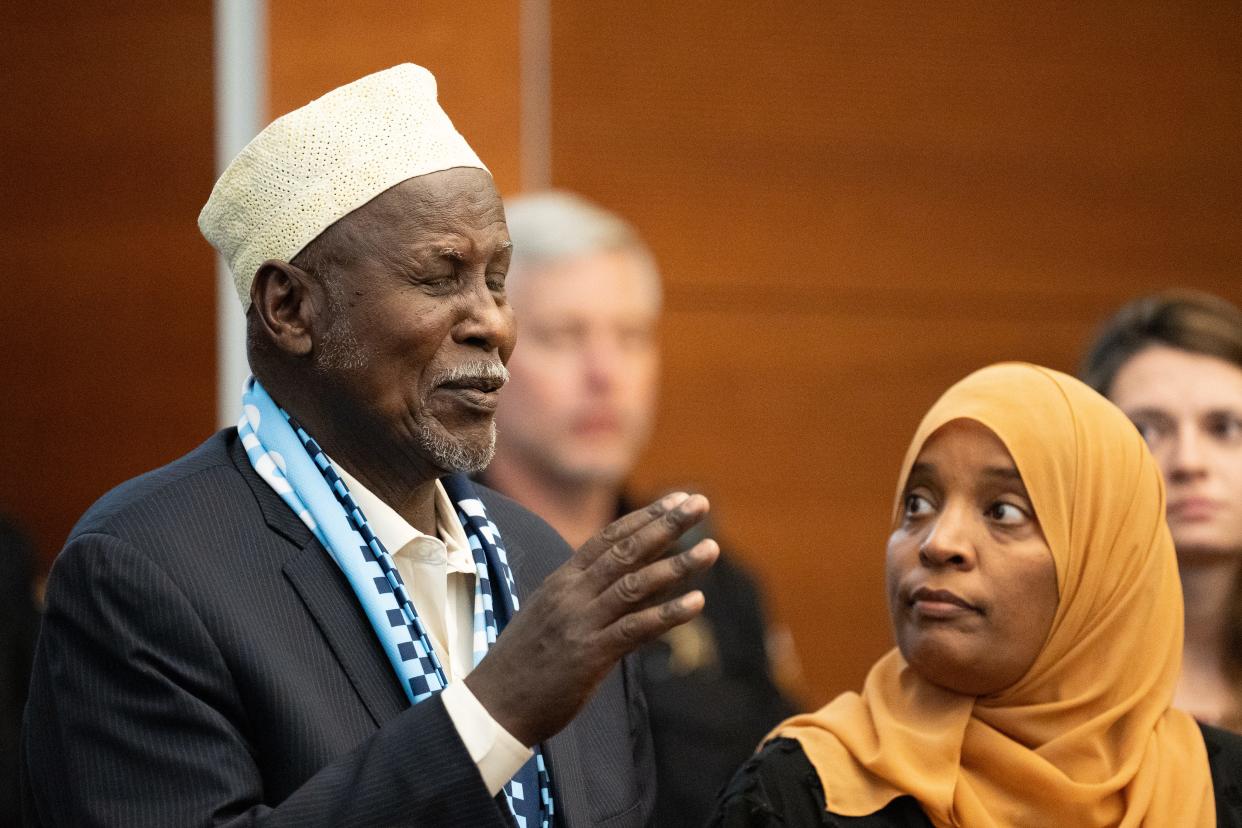 Mahdi Jama, father of Naimo Mahdi Abdirahaman speaks to Judge Carl Aveni and Najma Shariff translates at Franklin County Common Pleas Court on Friday, Nov. 3, 2023.