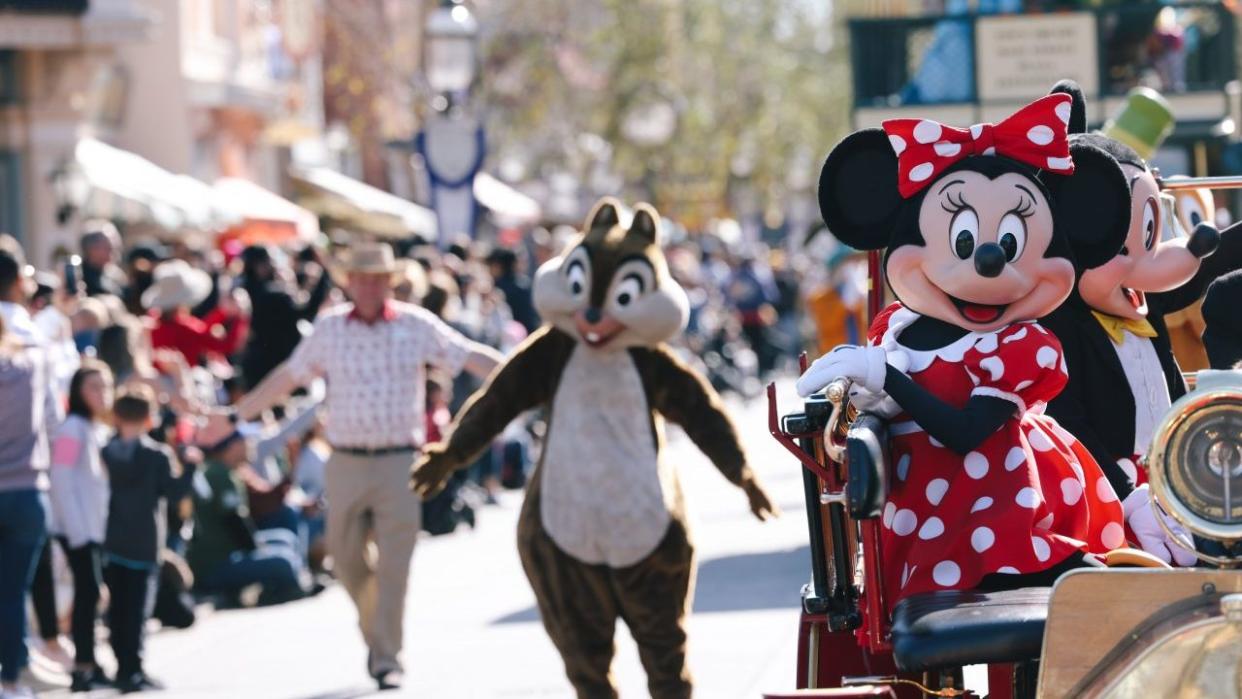 Minnie Mouse participates in a parade during a celebration focusing on the Walt Disney Co. turning 100 at Disneyland in Anaheim, California, on Jan. 26, 2023.