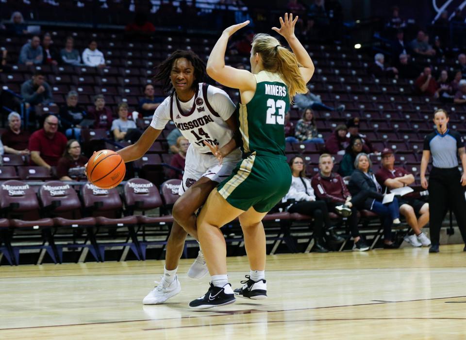 Missouri State Lady Bears forward Jade Masogayo drives to the basket as the Bears take on the Missouri S&T Miners at Great Southern Bank Arena on Wednesday, Nov. 2, 2022.