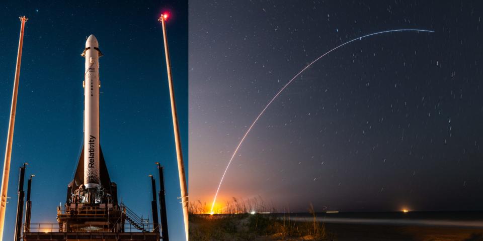 A photomontage shows Terran 1 ready for launch on its launch pad next to a picture of the rocket's trajectory after launch.