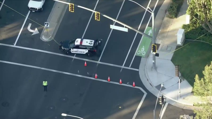 Law enforcement officials outside the scene of a possible home invasion in Newport Beach, CA on April 16, 2024. (Sky5)