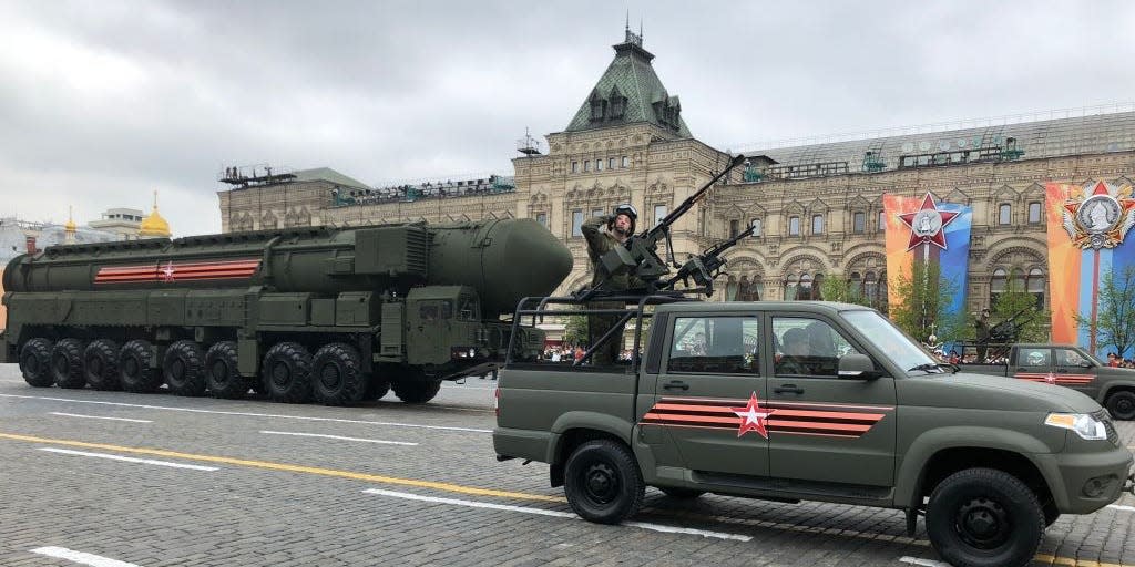 Russian Yars ballistic nuclear missiles on mobile launchers roll through Red Square during the Victory Day military parade rehearsals on May 6, 2018 in Moscow, Russia