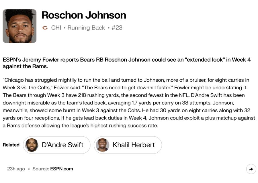 Week 4 Expected Points: Is Roschon Johnson the RB solution in Chicago?