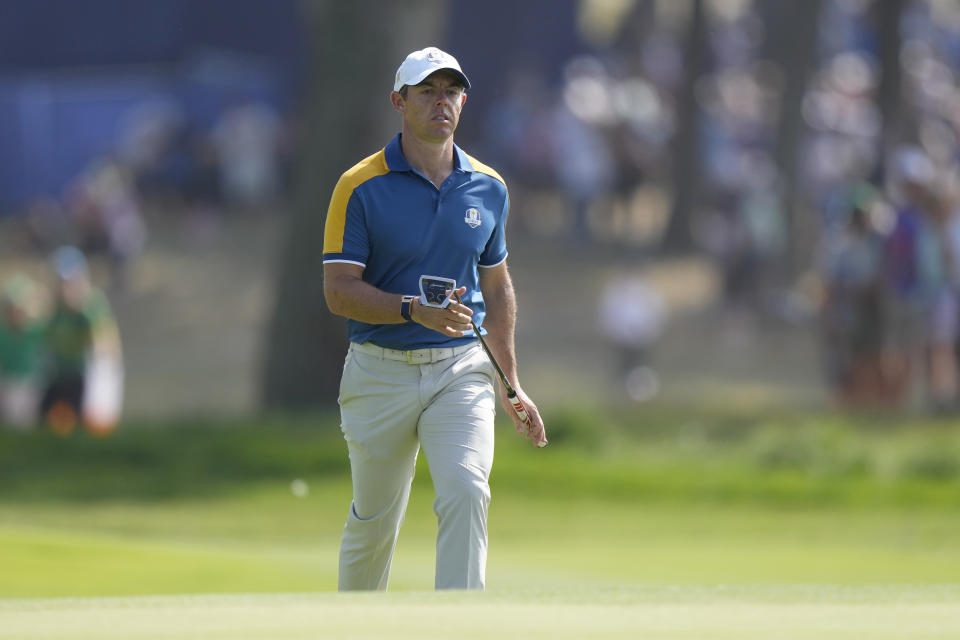 Europe's Rory McIlroy walks on the 2nd green during his singles match at the Ryder Cup golf tournament at the Marco Simone Golf Club in Guidonia Montecelio, Italy, Sunday, Oct. 1, 2023. (AP Photo/Andrew Medichini)