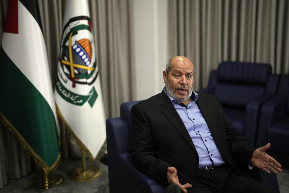 Khalil al-Hayya, a high-ranking Hamas official who has represented the Palestinian militant group in negotiations for a cease-fire and hostage exchange deal, speaks during an interview with The Associated Press, in Istanbul, Turkey, Wednesday, April 24, 2024. (AP Photo/Khalil Hamra)