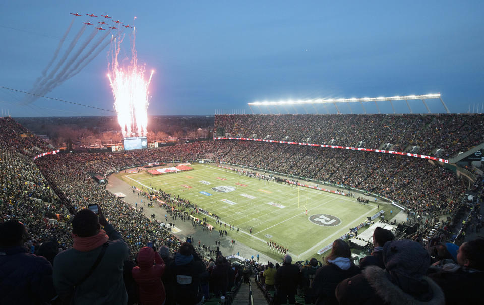FILE - The Canadian Forces Snowbirds fly over at the start of the 106th Grey Cup between the Ottawa Redblacks and Calgary Stampeders at Commonwealth Stadium in Edmonton, Alberta, Sunday, Nov. 25, 2018. There are 23 venues bidding to host soccer matches at the 2026 World Cup in the United States, Mexico and Canada. (Jason Franson/The Canadian Press via AP, File)