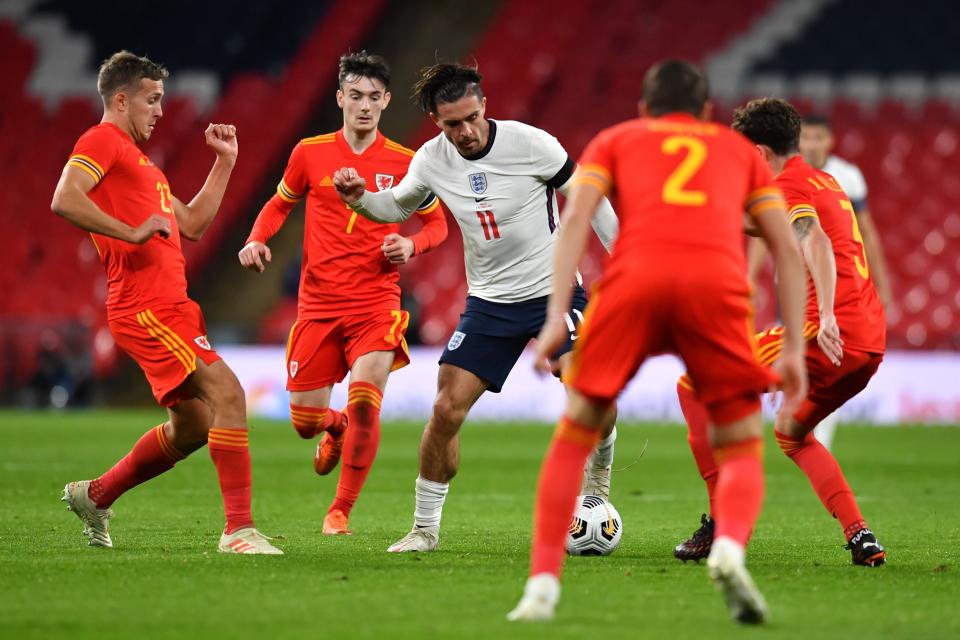 Aston Villa captain Jack Grealish in action against Wales (POOL/AFP via Getty Images)