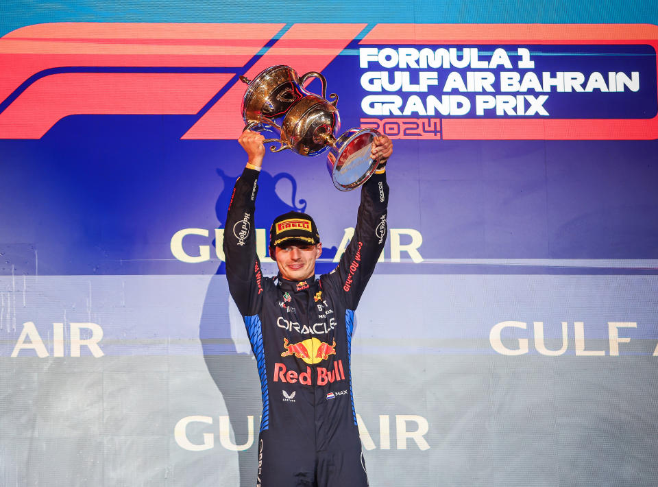 SAKHIR, BAHRAIN - MARCH 02: Race winner Max Verstappen of the Netherlands and Oracle Red Bull Racing is on the podium after the F1 Grand Prix of Bahrain at Bahrain International Circuit on March 02, 2024 in Bahrain, Bahrain. (Photo by Ayman Yaqoob/Anadolu via Getty Images)