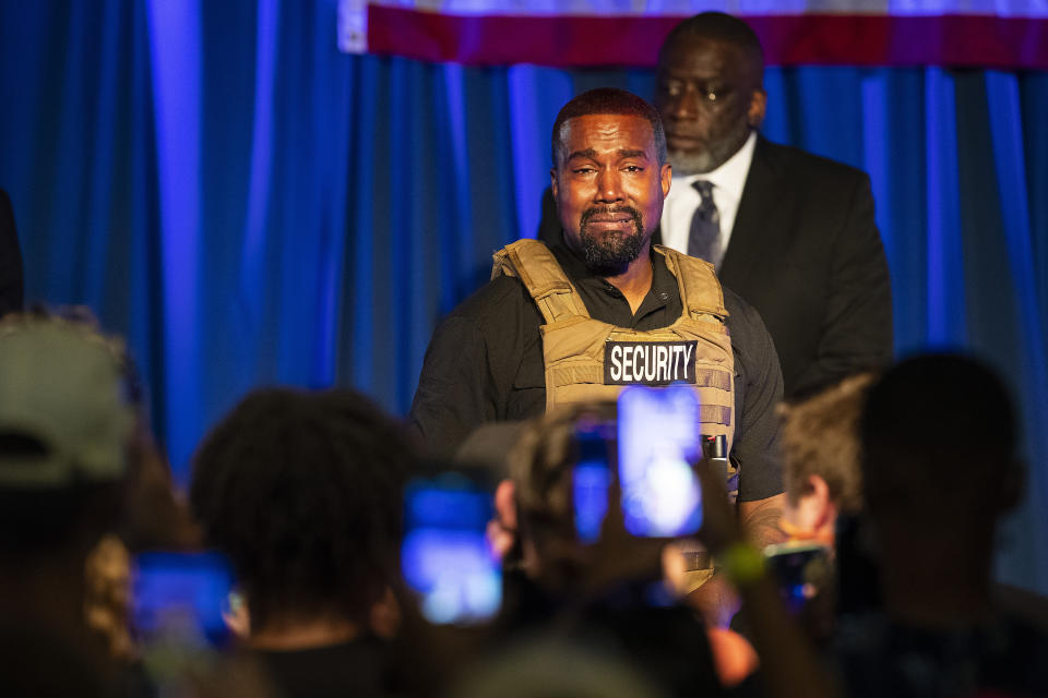 Kanye West makes his first presidential campaign appearance, Sunday, July 19, 2020 in North Charleston, S.C. Rapper Kanye West, in his first event since declaring himself a presidential candidate, delivered a lengthy monologue Sunday touching on topics from abortion and religion to international trade and licensing deals. Whether he's actually seeking the nation's highest office remains a question. (Lauren Petracca Ipetracca/The Post And Courier via AP)