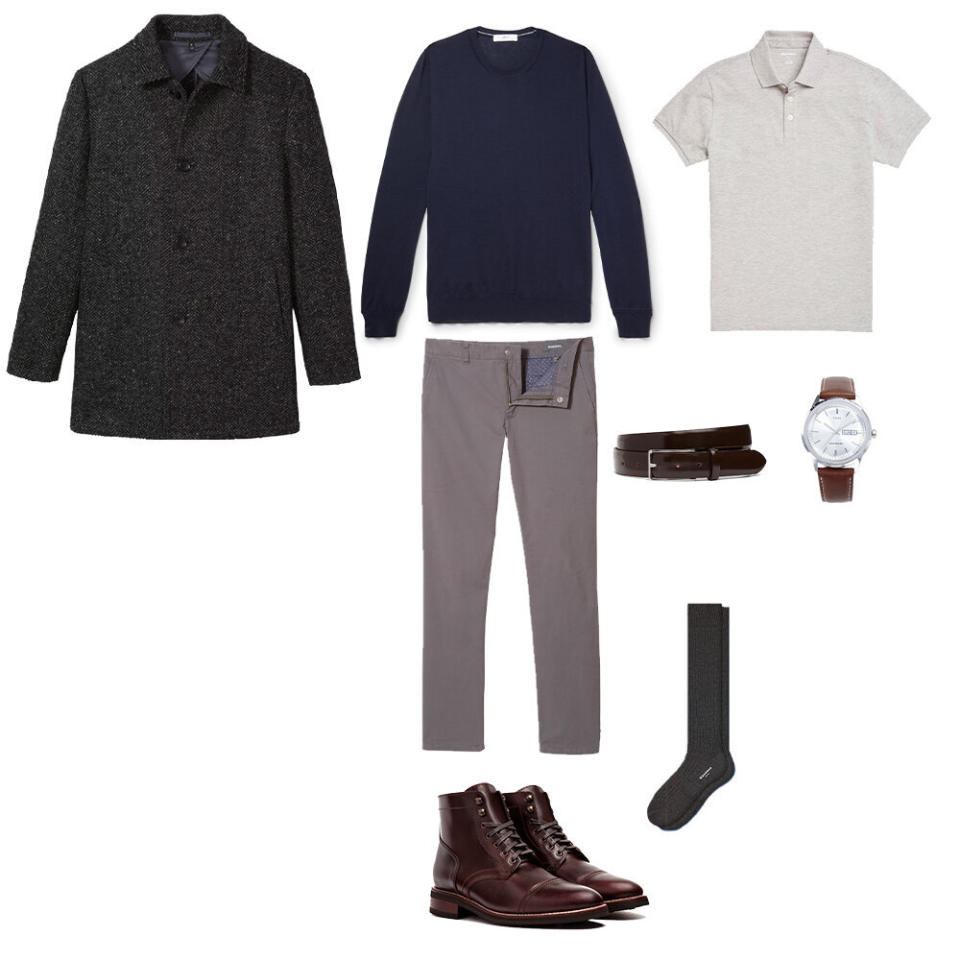 Coffee shop men's outfit: <a href="https://www.mrporter.com/en-us/mens/product/mr-p/crew-necks/slim-fit-cashmere-sweater/3633577411310714" target="_blank" rel="noopener noreferrer">navy cashmere sweater</a> by Mr. P, <a href="https://bonobos.com/products/the-italian-wool-car-coat?color=charcoal%20herringbone" target="_blank" rel="noopener noreferrer">wool coat,</a> <a href="https://bonobos.com/products/classic-pique-polo?color=heather%20grey" target="_blank" rel="noopener noreferrer">polo</a>, <a href="(https:/bonobos.com/products/stretch-washed-chino?color=graphites" target="_blank" rel="noopener noreferrer">chinos</a>&nbsp;and&nbsp;<a href="https://bonobos.com/products/premium-leather-dress-belt?color=brown" target="_blank" rel="noopener noreferrer">belt</a>&nbsp;by Bonobos, <a href="https://bombas.com/products/mens-ribbed-dress-over-the-calf-socks?variant=slate" target="_blank" rel="noopener noreferrer">socks</a> by Bombas, <a href="https://thursdayboots.com/products/mens-brown-captain" target="_blank" rel="noopener noreferrer">boots</a> by Thursday Boots, <a href="https://www.toddsnyder.com/collections/watches/products/timex-midcentury-brown-brown" target="_blank" rel="noopener noreferrer">watch</a> by Timex for Todd Snyder. (Photo: HuffPost)