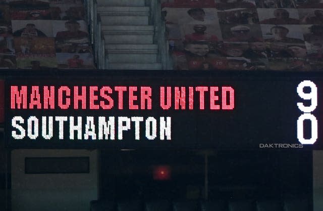 The scoreboard showing the final score at Old Trafford in February