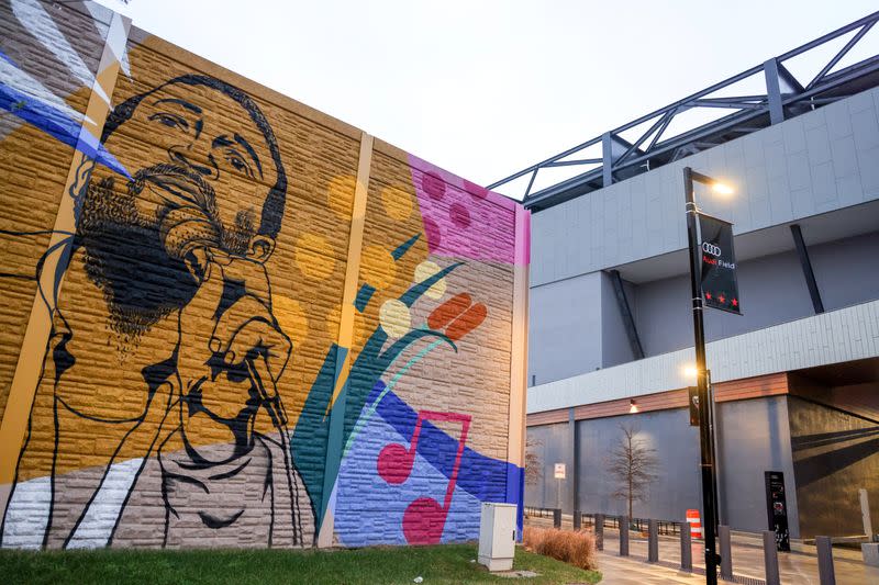 A mural featuring late singer Gaye decorates a wall next to the new MLS soccer stadium near the home Woody and her grandson share in Washington