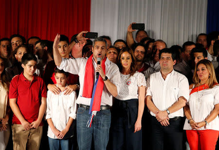 Paraguay’s newly-elected President Mario Abdo Benitez of the Colorado Party gives a speech in Asuncion, Paraguay April 22, 2018. REUTERS/Andres Stapff