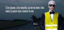 <p>Im Jahr 2008 warb Karl Lagerfeld für Sicherheit im französischen Straßenverkehr. Der Modedesigner ließ sich dafür in einer gelben Warnweste ablichten. Mit der Kampagne wollte die Regierung Frankreichs auf die neue Vorschrift aufmerksam machen, eine Warnweste im Wagen mitzuführen. (Bild: http://www.securite-routiere.gouv.fr/) </p>