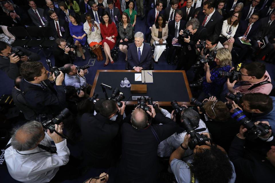 <p>MAR. 20, 2017 – Judge Neil Gorsuch arrives for the first day of his Supreme Court confirmation hearing before the Senate Judiciary Committee in the Hart Senate Office Building on Capitol Hill in Washington, DC. Gorsuch was nominated by President Donald Trump to fill the vacancy left on the court by the February 2016 death of Associate Justice Antonin Scalia. (Photo: Chip Somodevilla/Getty Images) </p>