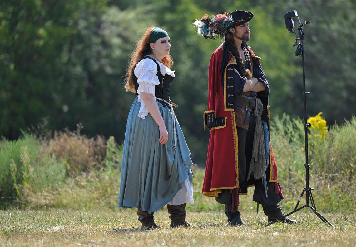 Jennifer Abate in costume as Josephine the Cook and Wolf Grossheim as Captain Wolf were on the set during the taping of a promotional video for The Storybook Forest. Grossheim is also an experienced mermaid handler for the company.