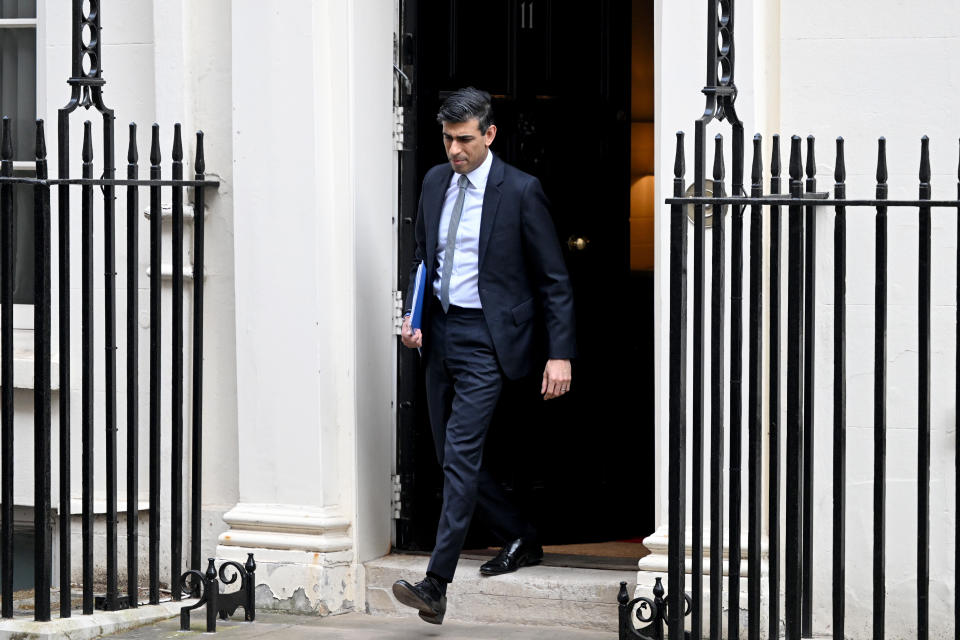 LONDON, UNITED KINGDOM &#x002013; MARCH 23:  Chancellor of the Exchequer Rishi Sunak leaves 11 Downing Street for the House of Commons to deliver his Spring Statement on March 23, 2022 in London, England. Chancellor Rishi Sunak is set to deliver the Spring Statement at the House of Commons as UK inflation hits a 30-year high amid escalating cost of living crisis.  (Photo by Leon Neal/Getty Images)