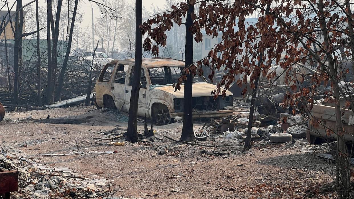 Wildfire damage visible in Enterprise, N.W.T., on Sept. 22, 2023. A fire devastated the community in August 2023.  (Travis Burke/CBC - image credit)