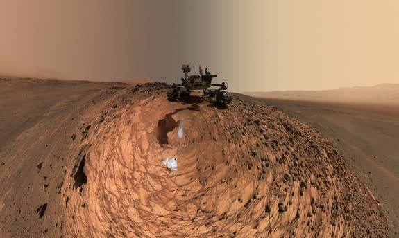 Curiosity Mars rover took a low-angle self-portrait on Aug. 5, 2015, above the "Buckskin" rock target in the "Marias Pass" area of lower Mount Sharp. Image released Aug. 19, 2015.