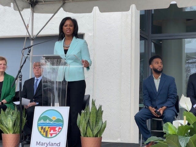 Maryland Department of Environment Secretary Serena McIlwain speaks at the announcement of a ban on the sale of new gas-powered cars by 2035 in front of the department's headquarters in Baltimore on March 13, 2023.