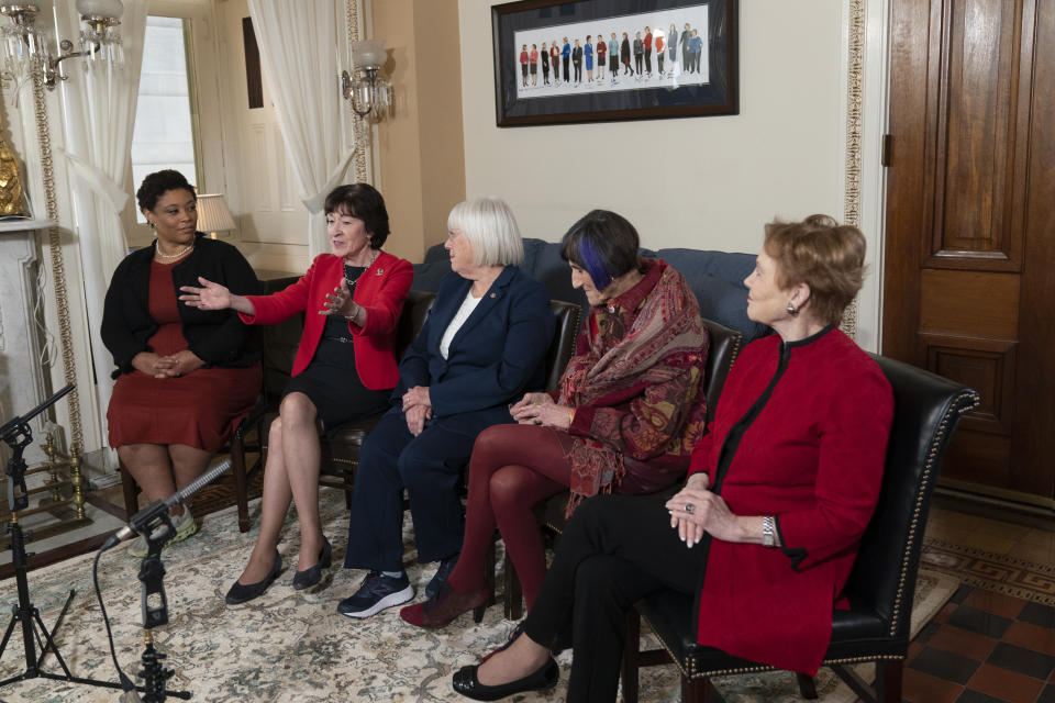 From left, Shalanda Young, the first Black woman to lead the Office of Management and Budget; Senate Appropriations Committee ranking member Sen. Susan Collins, R-Maine; Senate Appropriations Committee chair Sen. Patty Murray, D-Wash.; House Appropriations Committee ranking member Rep. Rosa DeLauro, D-Conn.; and House Appropriations chair Rep. Kay Granger, R-Texas, speak during an interview with The Associated Press at the Capitol in Washington, Thursday, Jan. 26, 2023. It's the first time in history that the four leaders of the two congressional spending committees are women. (AP Photo/Manuel Balce Ceneta)