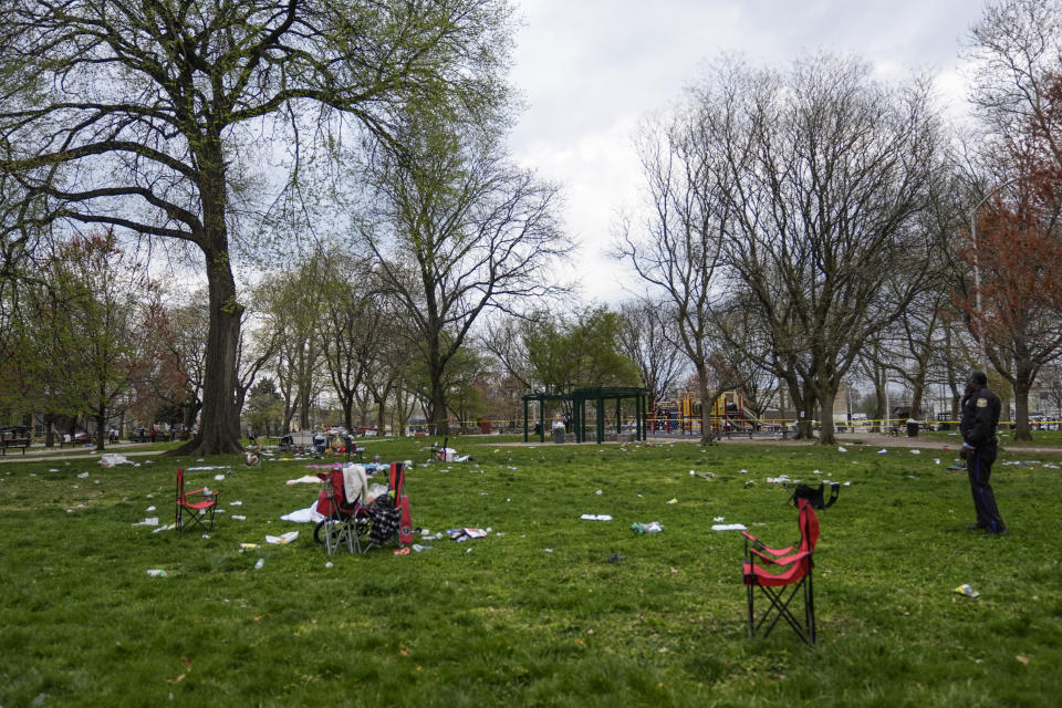 Shown are personal items left behind in the aftermath of a shooting at an Eid al-Fitr event in Philadelphia, Wednesday, April 10, 2024. (AP Photo/Matt Rourke)