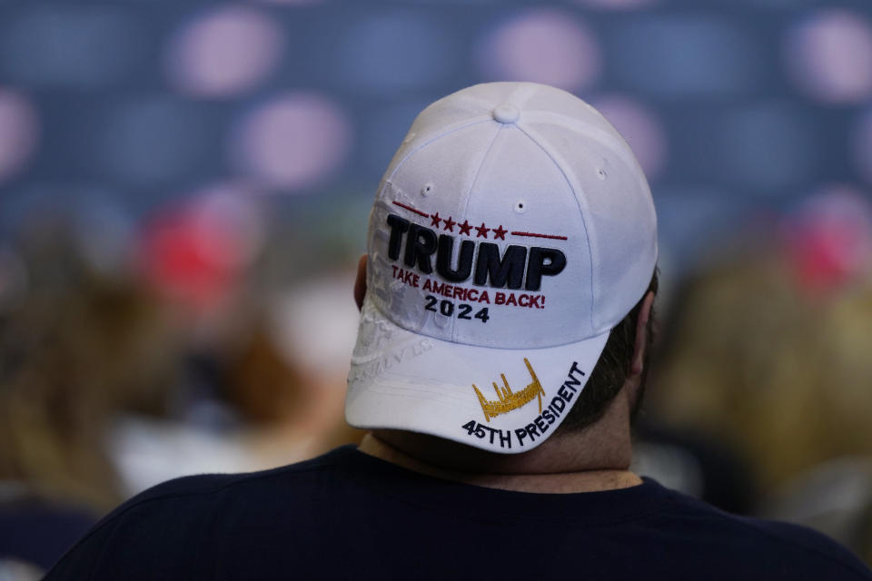 Supporters listens to former President Donald Trump during a rally, Wednesday, Sept. 20, 2023, in Dubuque, Iowa. (AP Photo/Charlie Neibergall)