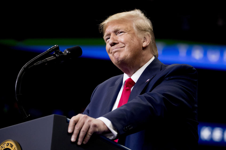 President Donald Trump speaks at a campaign rally at American Airlines Arena in Dallas, Texas, Thursday, Oct. 17, 2019. (AP Photo/Andrew Harnik)