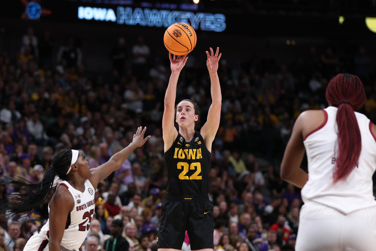 Iowa's Caitlin Clark shoots the ball during the third quarter against South Carolina during the 2023 NCAA women's tournament at American Airlines Center in Dallas on March 31, 2023. (Maddie Meyer/Getty Images)