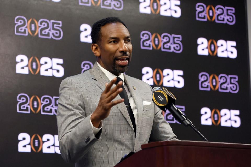 Atlanta Mayor Andre Dickens speaks speaks during a press conference at Mercedes-Benz Stadium, Tuesday, Aug. 16, 2022, in Atlanta, announcing that the CFP National Championship NCAA college football game will be played at Mercedes-Benz Stadium in 2025. (Jason Getz/Atlanta Journal-Constitution via AP)