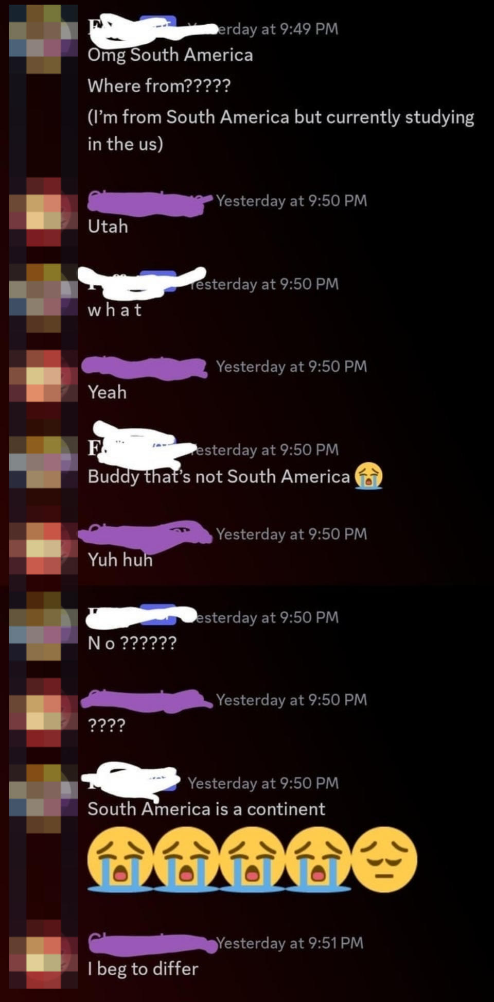 A screenshot of a humorous exchange where one person doesn't realize South America is a continent and Utah isn't in it