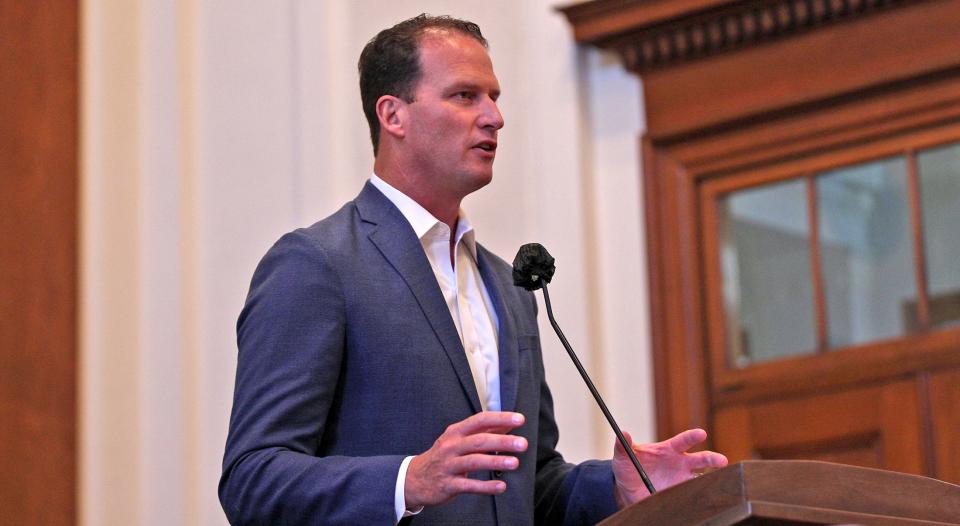 U.S. Representative August Pfluger holds a press conference announcing his legislation to rename the Department of Veterans Affairs clinic in San Angelo at the U.S. District courthouse Thursday, July 8, 2021.