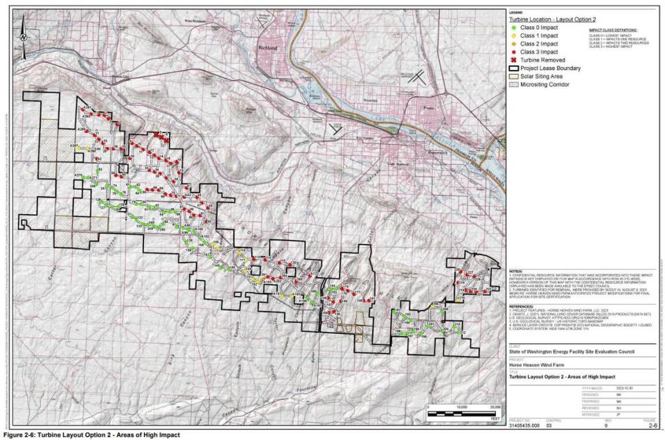 A map shows red dots where 73 of 141 proposed 670-foot-tall turbines would be prohibited, as proposed by a state council. It is one of two configurations proposed by Scout Clean Energy.