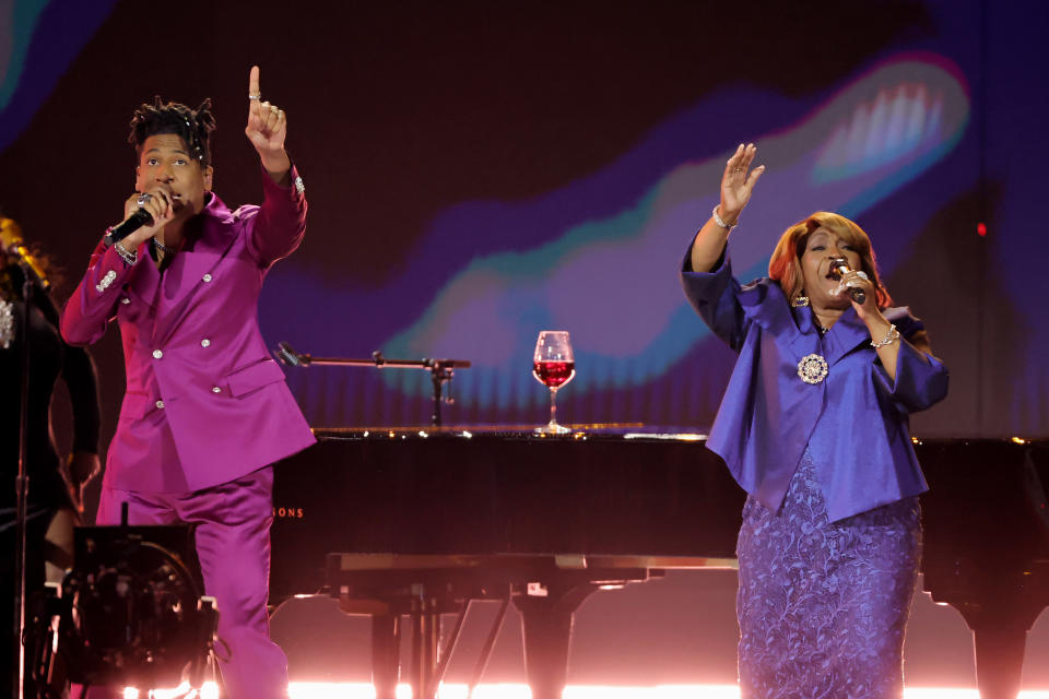 Jon Batiste and Ann Nesby perform onstage during the 66th GRAMMY Awards at Crypto.com Arena on February 04, 2024 in Los Angeles, California.