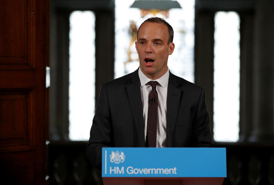 Dominic Raab speaks in London, discussing the possible outcomes of a no-deal Brexit (PA Images)