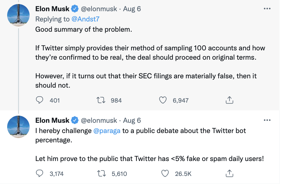 Twitter account post from Tesla CEO Elon Musk's handle on July 6, 2022