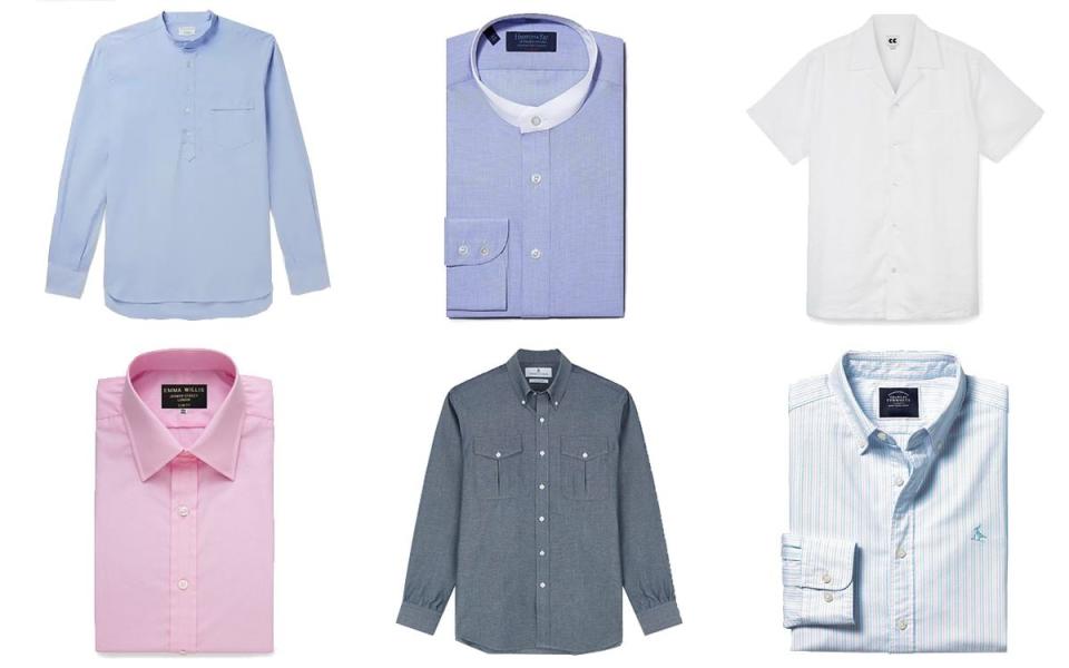 Top row: Kingsman grandad collar shirt, £195, mrporter.com; Collarless shirt, £125, hilditchandkey.co.uk; Camp collar shirt, £51, communityclothing.co.uk Bottom row: Superior cotton shirt, £200, emmawillis.com; Chambray Weekend Fit shirt, £250, turnbullandasser.co.uk; Button-down Bengal Stripe shirt, £59.95, charlestyrwhitt.com