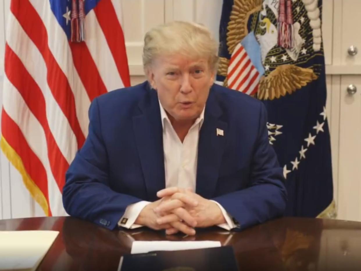 Donald Trump gives a video address from Walter Reed medical centre in Maryland on Saturday night (@realDonaldTrump)