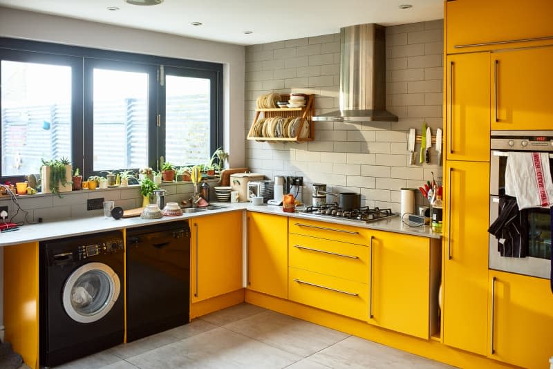 Designed home kitchen, yellow door, retro interior, home, household, practical