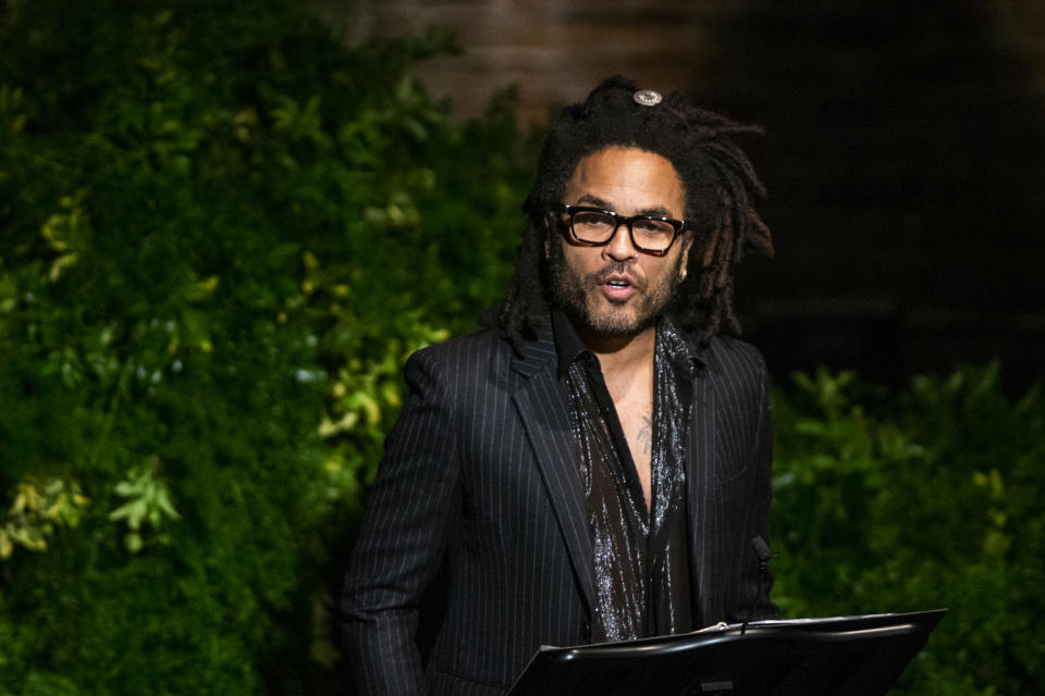 Musician Lenny Kravitz speaks to attendees during the memorial of late actress Diahann Carroll at the Helen Hayes Theater on Sunday, Nov. 24, 2019 in New York. (AP Photo/Eduardo Munoz Alvarez)