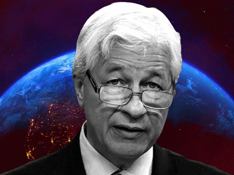 A photo illustration of Jamie Dimon in the foreground, with the Earth behind him.