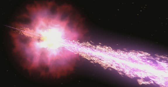 In this illustration, a jet is produced by an unusually bright gamma-ray burst.