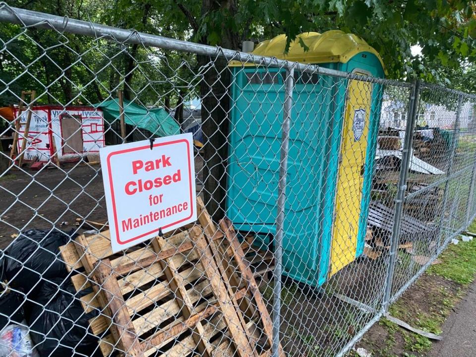 Meagher Park was cleared out and fences were set up around perimeter on Aug. 12, 2022. (Craig Paisley/CBC - image credit)