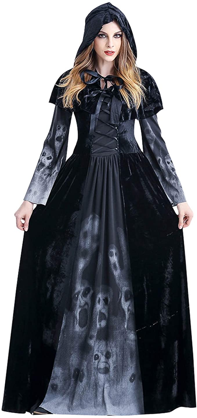 Woman dressed in long black Vampire Costume dress with matching hood